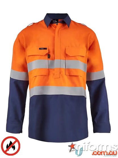Orange and blue EILBECK HRC2 CF shirt with concealed heat resistant press protection