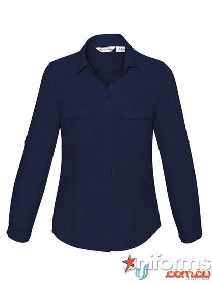 Navy blue EILBECK Ladies LS Blouse with mechanical stretch, roll-tab sleeves, perfect for workwear