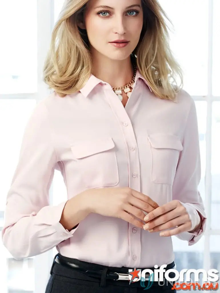 Woman in EILBECK Ladies LS Blouse with mechanical stretch, perfect for workwear or uniforms