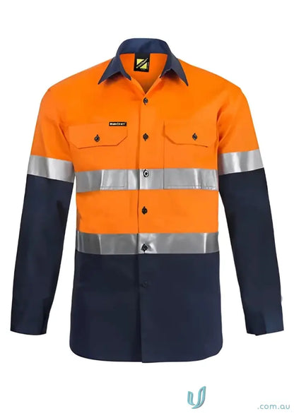 Orange and navy blue high-visibility work shirt with reflective tape for uniforms and workwear