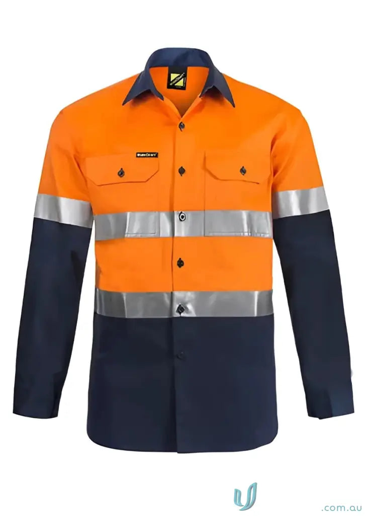 Orange and navy blue high-visibility work shirt with reflective tape for uniforms and workwear