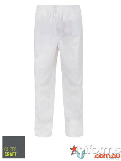 White chef pants with elastic drawstring waist for the food industry, reinforced stress points