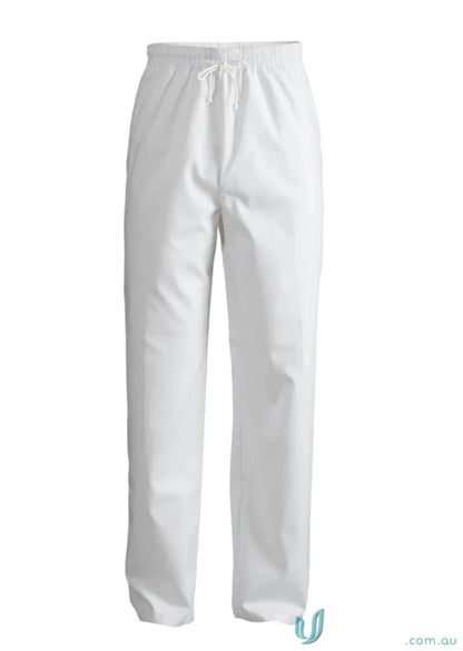 White elastic drawstring waist pants with reinforced stress points for comfort