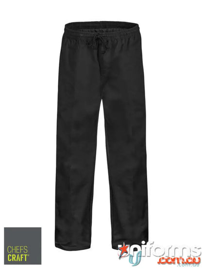Black chef pants with elastic waistband, reinforced stress points, and internal fob pocket