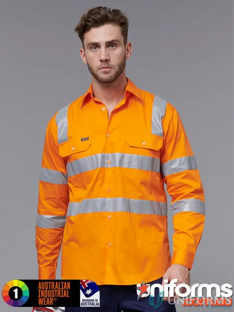 Orange hi-vis work shirt from Eldarin EMB Rail Lightweight Safety line with bio motion perforated reflective for stay cool