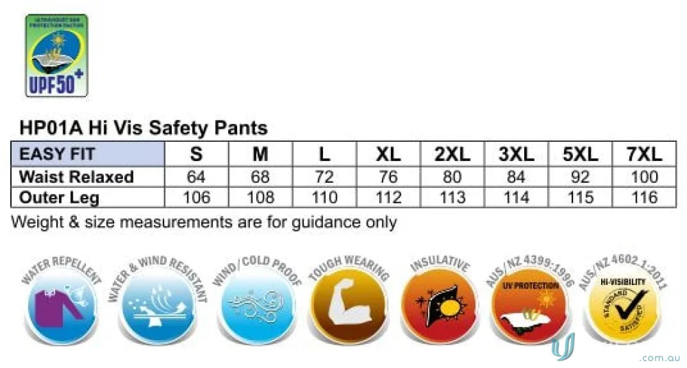 Eldarin HiVis Pants size chart with reflective tapes and water proof features for uniforms