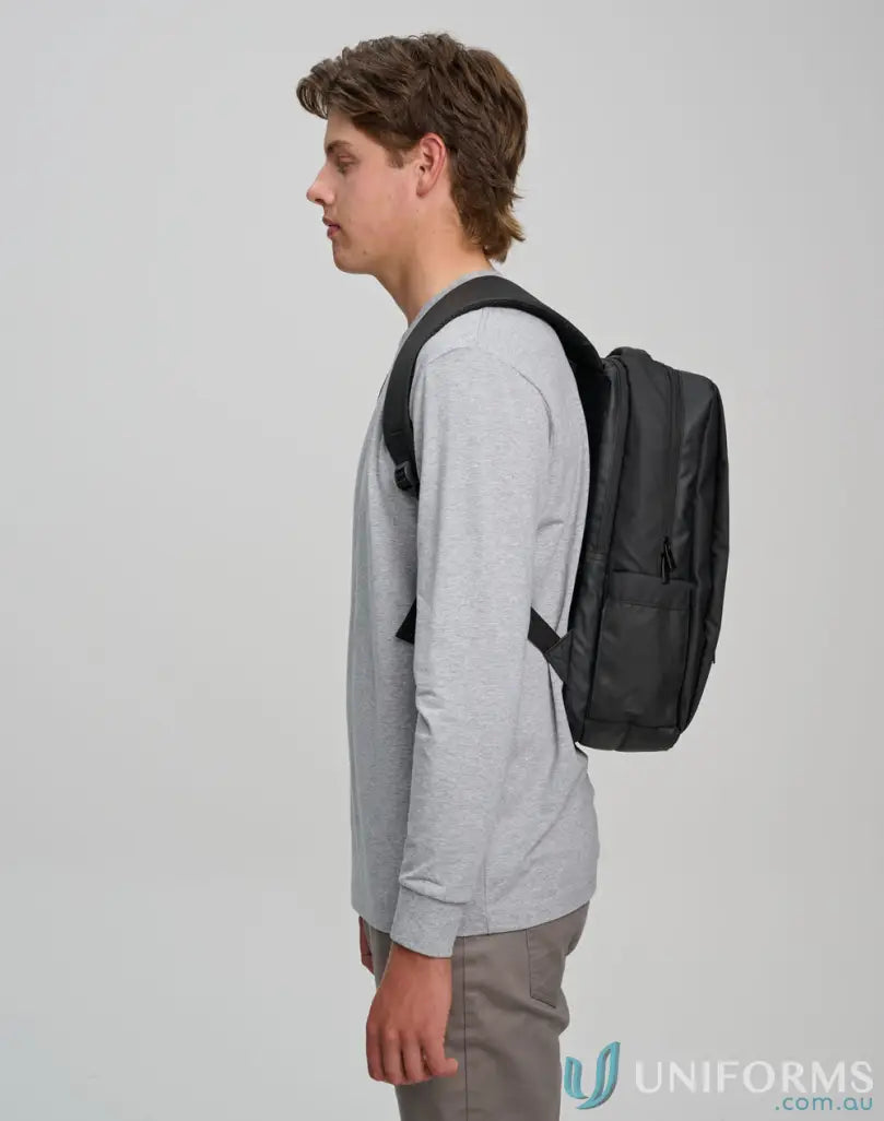 Black Elite PU Backpack worn by a person perfect for staying organized with winning spirit elite
