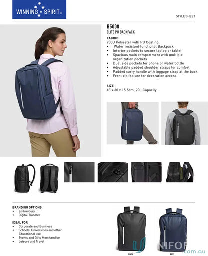 Elite PU Backpack showing multiple features for staying organized and winning spirit elite style