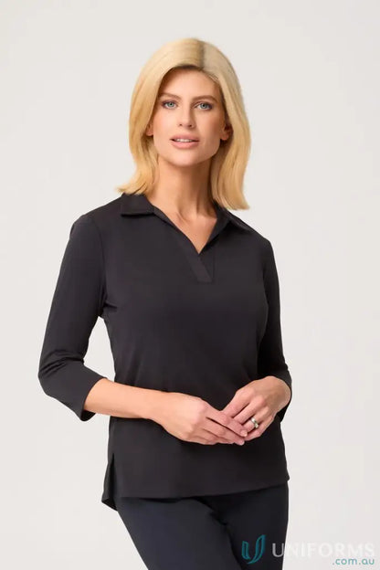 Woman in black polyester matte jersey Ella 3qrt Sleeve Polo Top from City Collection Ella