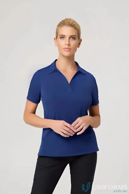 Ella Short Sleeve Polo Top in polyester matte jersey from City Collection Ella in blue