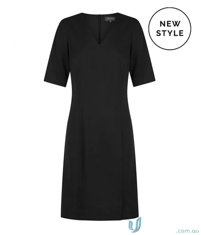 Elliot Washable Black Short-Sleeved Dress with Flattering V-Neck and Elbow Sleeves