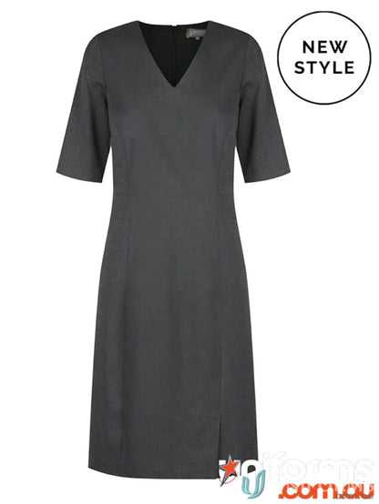 Gray Elliot Washable SS Dress with flattering V-neck and elbow-length sleeves