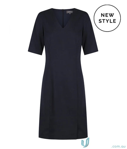 Navy blue Elliot Washable SS Dress with flattering V-neck and elbow-length sleeves