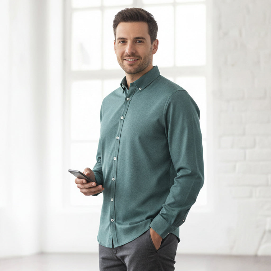 Green Elwood LS shirt in pre-shrunk oxford weave with modern button-down collar