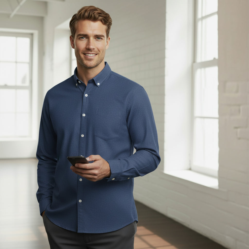 Navy Elwood LS shirt with modern button-down collar in pre-shrunk oxford weave