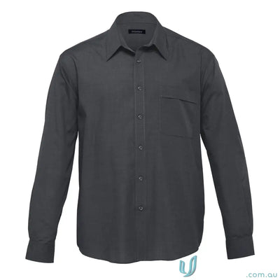 Dark gray End on End Shirt, long-sleeve work uniform with sizing table
