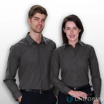 Dark gray End on End Shirt, long-sleeved work uniform with sizing table