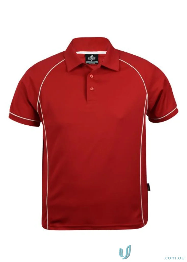 Red polo shirt with white trim from Endeavour Polo, perfect for work uniforms or uniforms