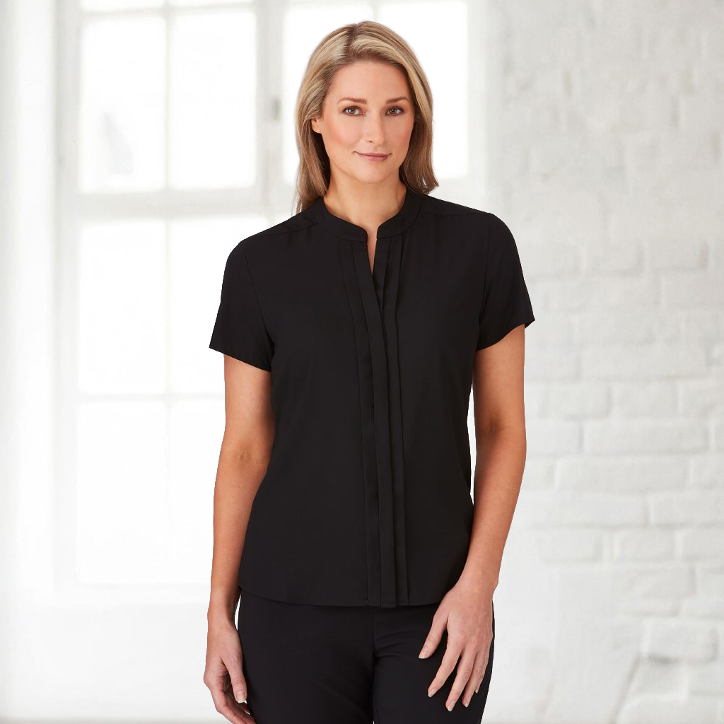 Black Envy SS Shirt: relaxed fit blouse with mandarin collar, concealed buttons