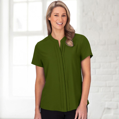 Envy SS Shirt: olive green relaxed fit blouse with concealed buttons