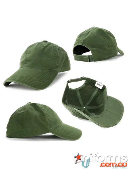 Four views of the Enzyme Washed Cap in green, perfect for sports uniforms and cap style fans