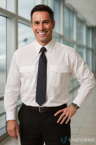 Man in white collared winning spirit epaulette long sleeve shirt with pleated pockets