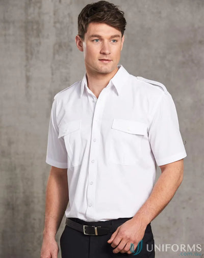 Mens white epaulette short sleeve pilot shirt with pleated pockets bs06s