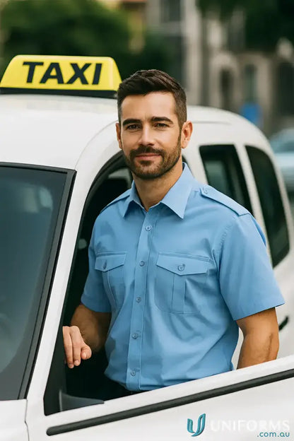 Smiling male taxi driver in JB’s Epaulette Short Sleeve Shirt with reinforced chest pockets