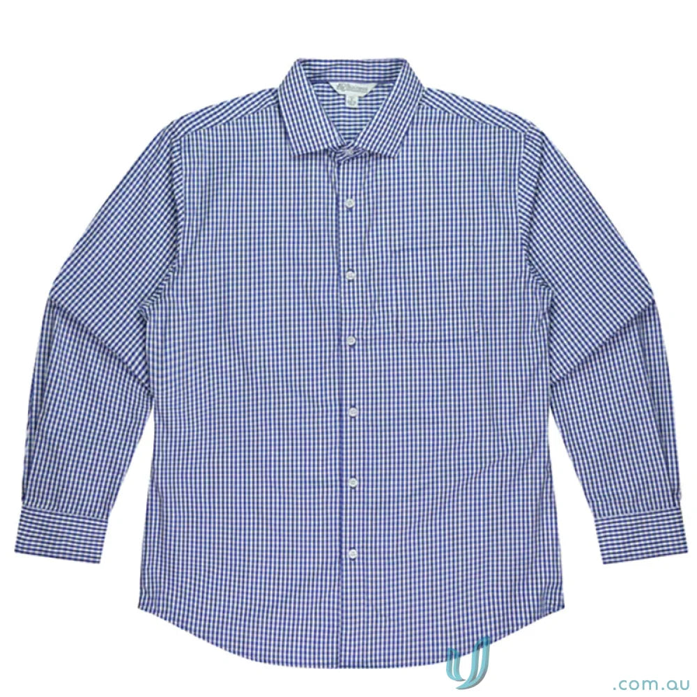 Blue and white checkered Epsom Long Sleeve Shirt with collar trim and anti-pill treatment