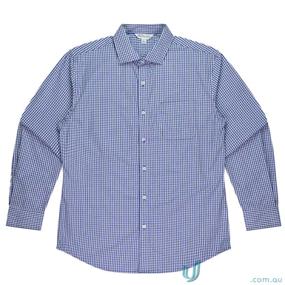 Blue and white checkered Epsom Long Sleeve Shirt with collar trim and anti-pill treatment