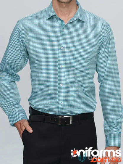 Epsom long sleeve shirt with collar trim in green and white checkered fabric