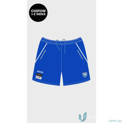 Blue custom ERCC Junior Training Shorts for young cricketers, perfect for juniors
