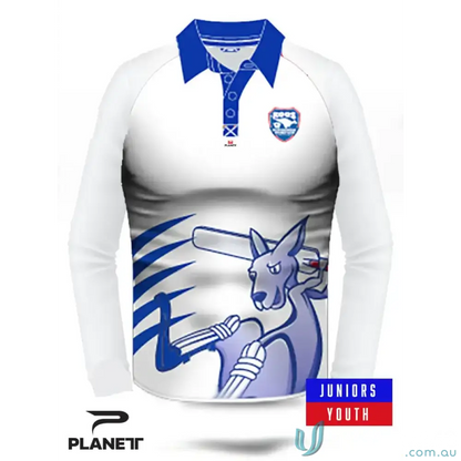 Long-sleeved cricket shirt with kangaroo design for ERCC Junior White LS Polo, perfect for Ringwood Cricket Club fans
