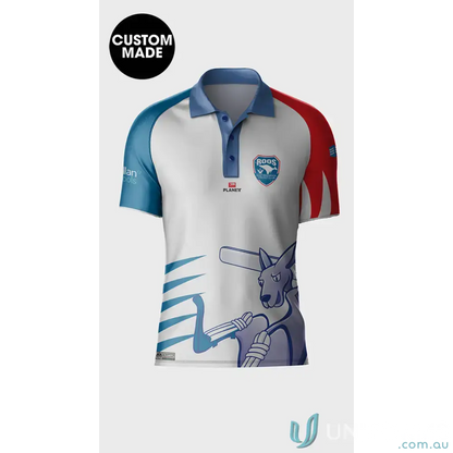 Custom-made ERCC Junior Cricket polo shirt with kangaroo design, quick production time