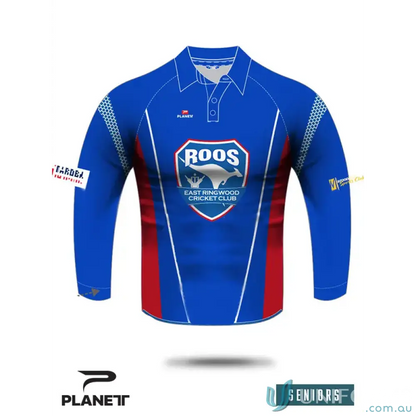 Blue and red long-sleeved cricket shirt from ERCC Seniors East Ringwood Cricket polo