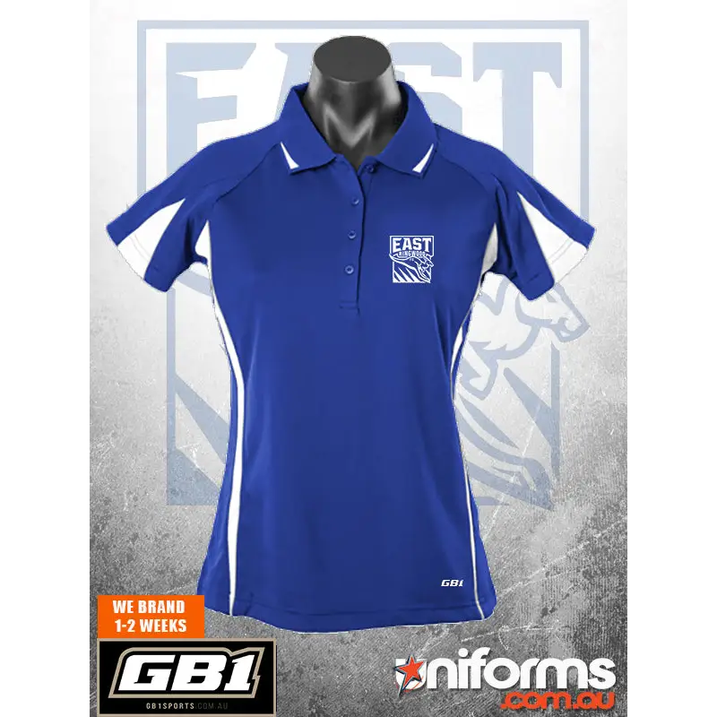 Royal blue women’s polo shirt with white trim on collar sleeves and sides ideal for work uniforms and workwear