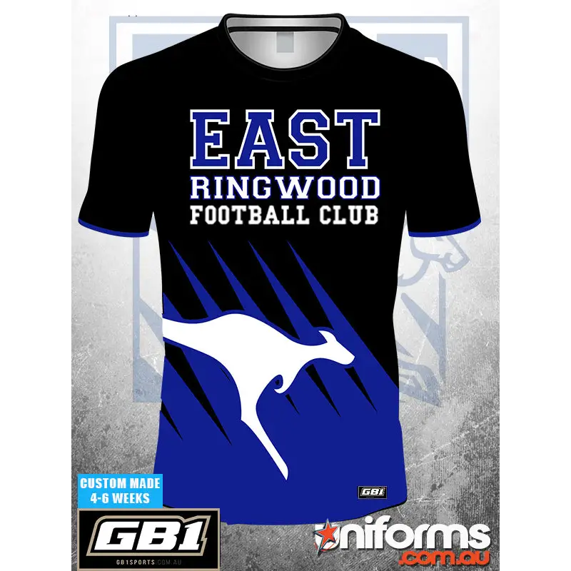 Erfc adult training tee with black and royal blue colors, white kangaroo silhouette, perfect for uniforms or workwear