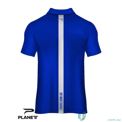 Blue ERJFC Ladies Polo shirt in sports fabric with white stripe, perfect for custom made style