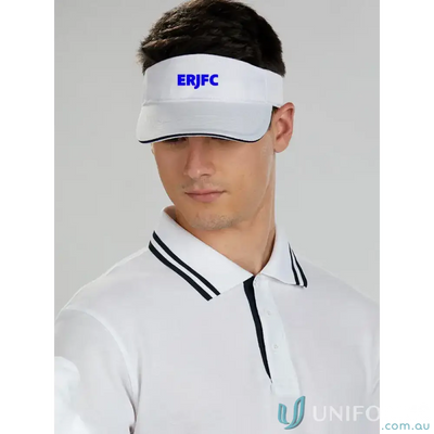 White ERJFC Visor Cap with blue text, short velcro crossover, and cotton twill fabric