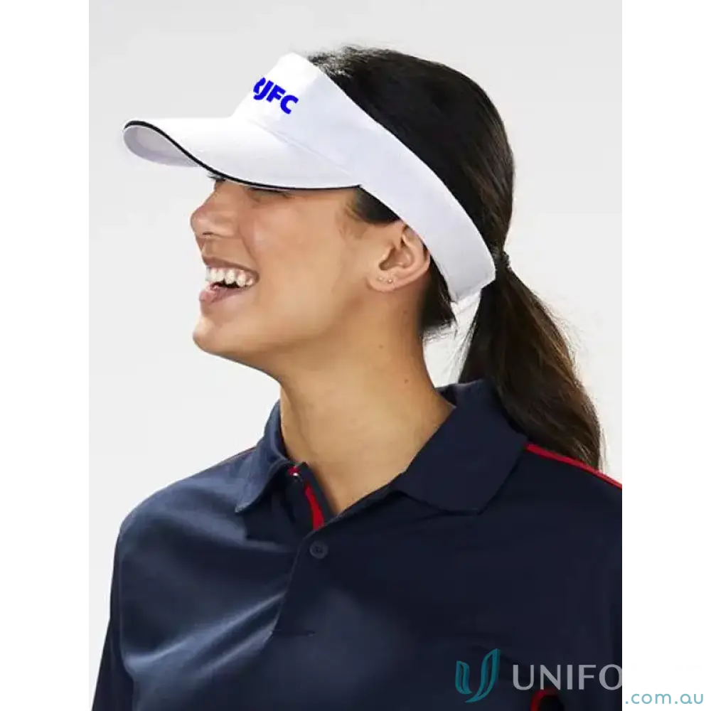 ERJFC visor cap with white cotton twill, dark trim, and short velcro crossover style