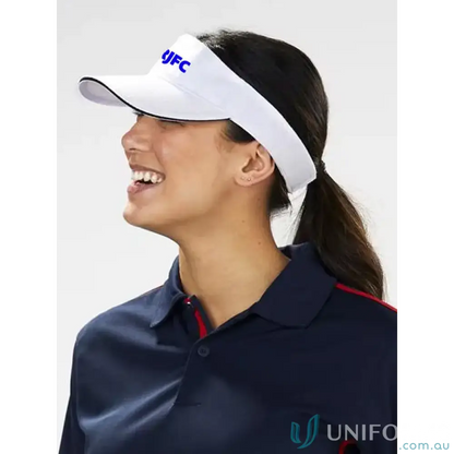 ERJFC visor cap with white cotton twill, dark trim, and short velcro crossover style