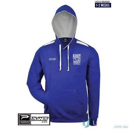Royal blue ERNC Adult Hoodie with white shoulder stripes and drawstring, perfect for important orders