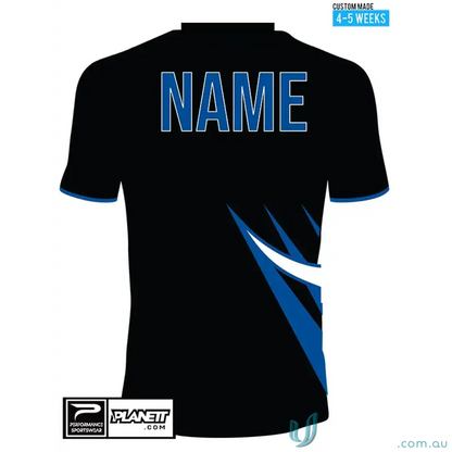 Black and blue custom sports tee for East Ringwood Netball or Ringwood Netball Club