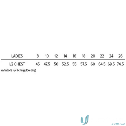 Ladies clothing size chart for ERNC Ladies Polo in vibrant blue color enhances visibility