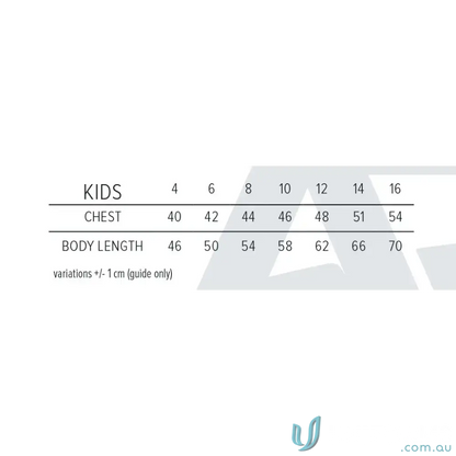 Kids’ clothing size chart with chest and length for ERNC Youth Hoodie uniforms