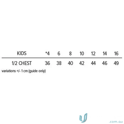 Kids clothing size chart for ERNC Youth Polo in vibrant blue with sport-specific fit