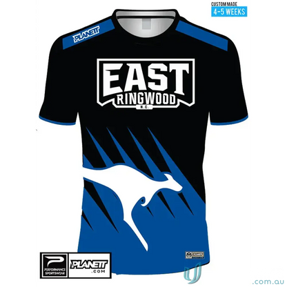 Black and blue sports jersey youth tee for East Ringwood Netball and Ringwood Netball Club