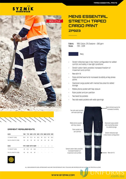 Men’s essential stretch taped cargo pant in navy with bio motion configuration for comfort