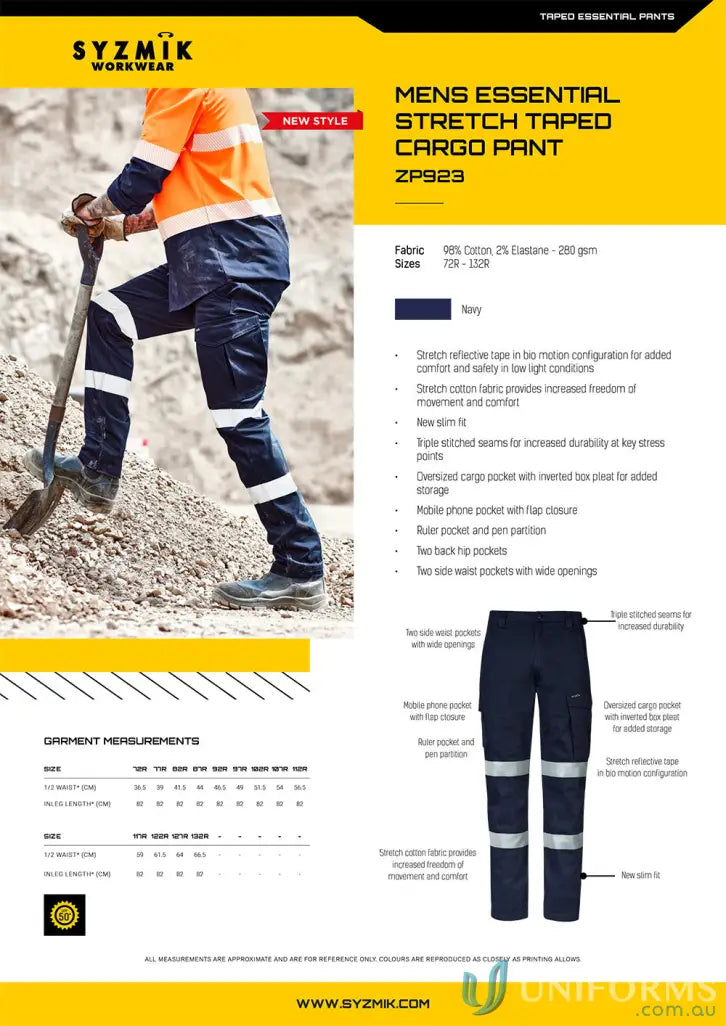 Men’s essential stretch taped cargo pant in navy with bio motion configuration for comfort