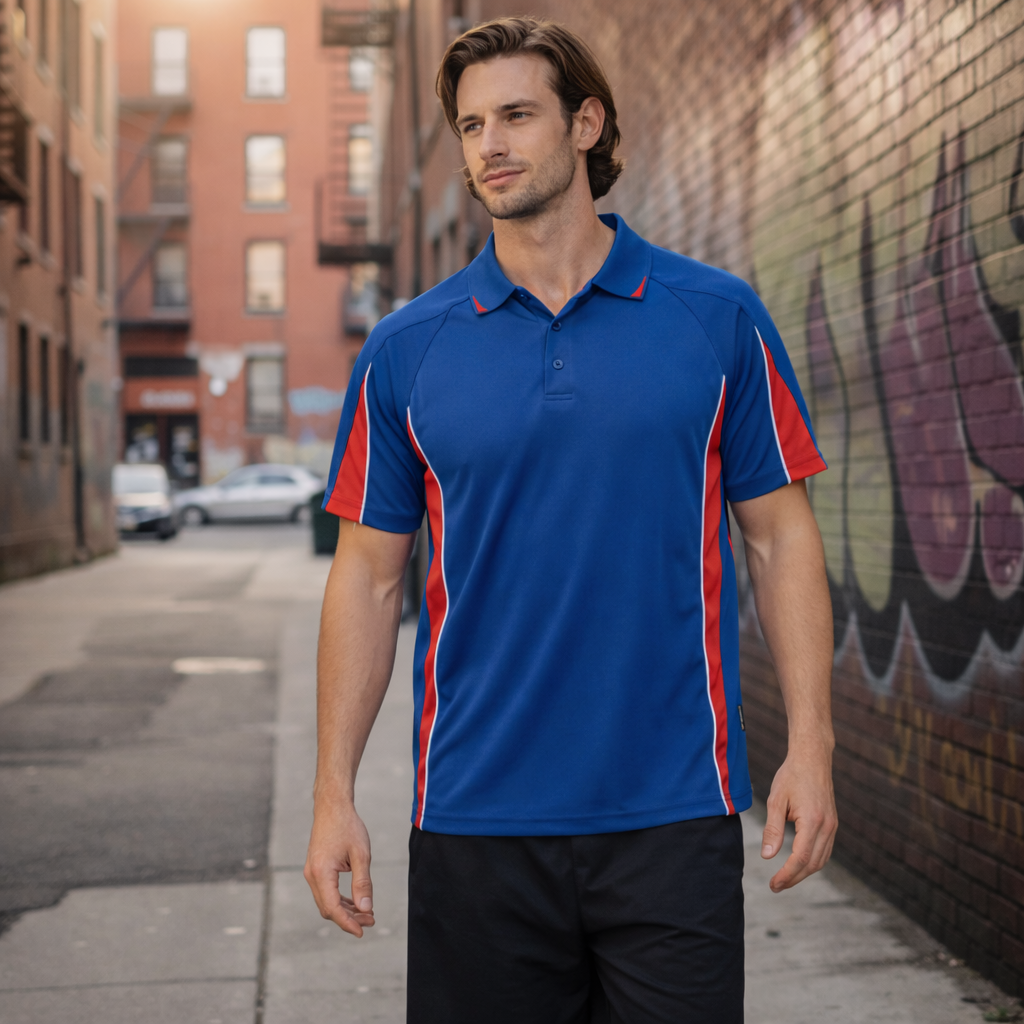 Eureka polo blue red performance shirt with side panels for workwear uniforms